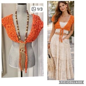 CUSTOM HANDMADE KNIT BY MARIE GREEN TELLURIDE ORANGE LOOPY CROCHET CROPPED SHRUG